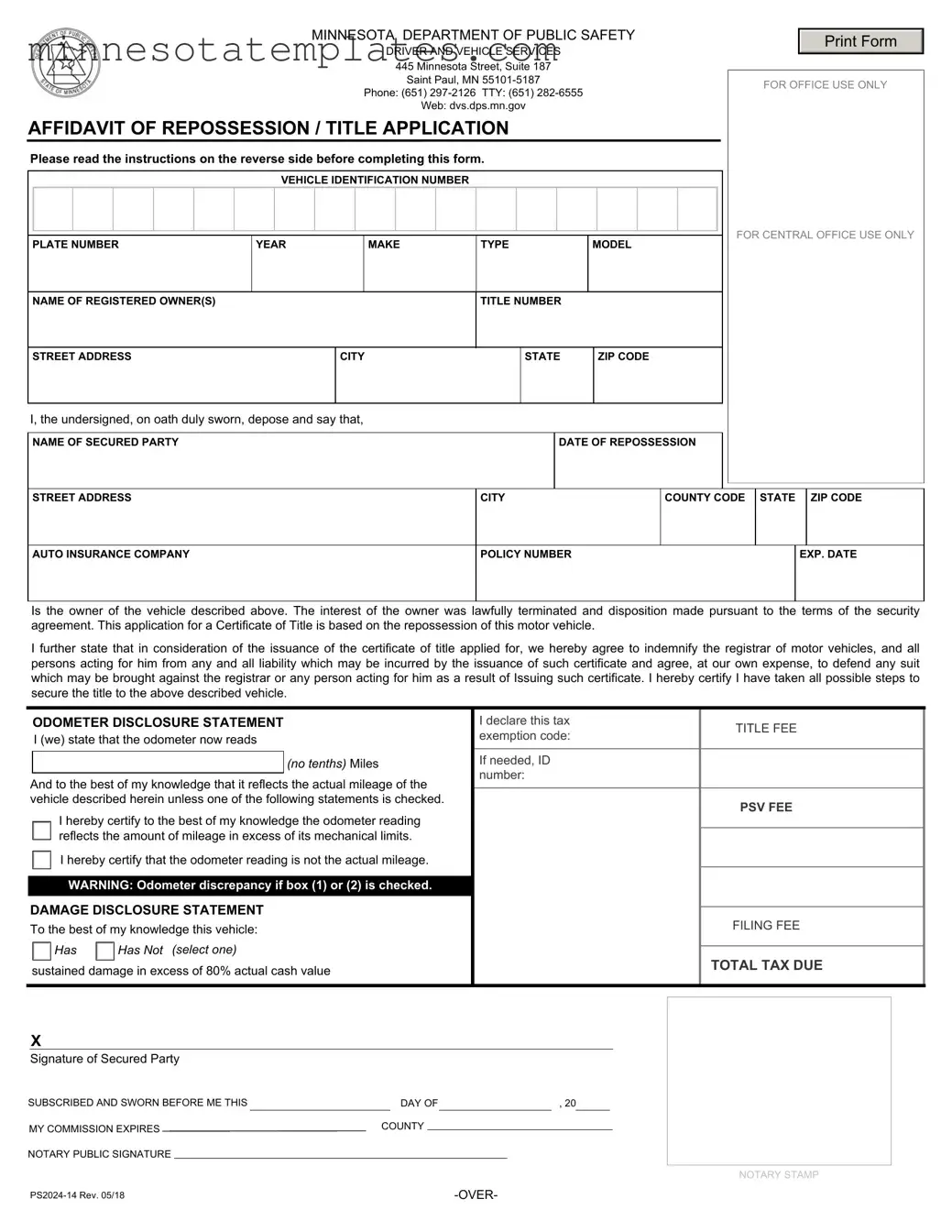 Blank Affidavit Of Repossession Minnesota Template