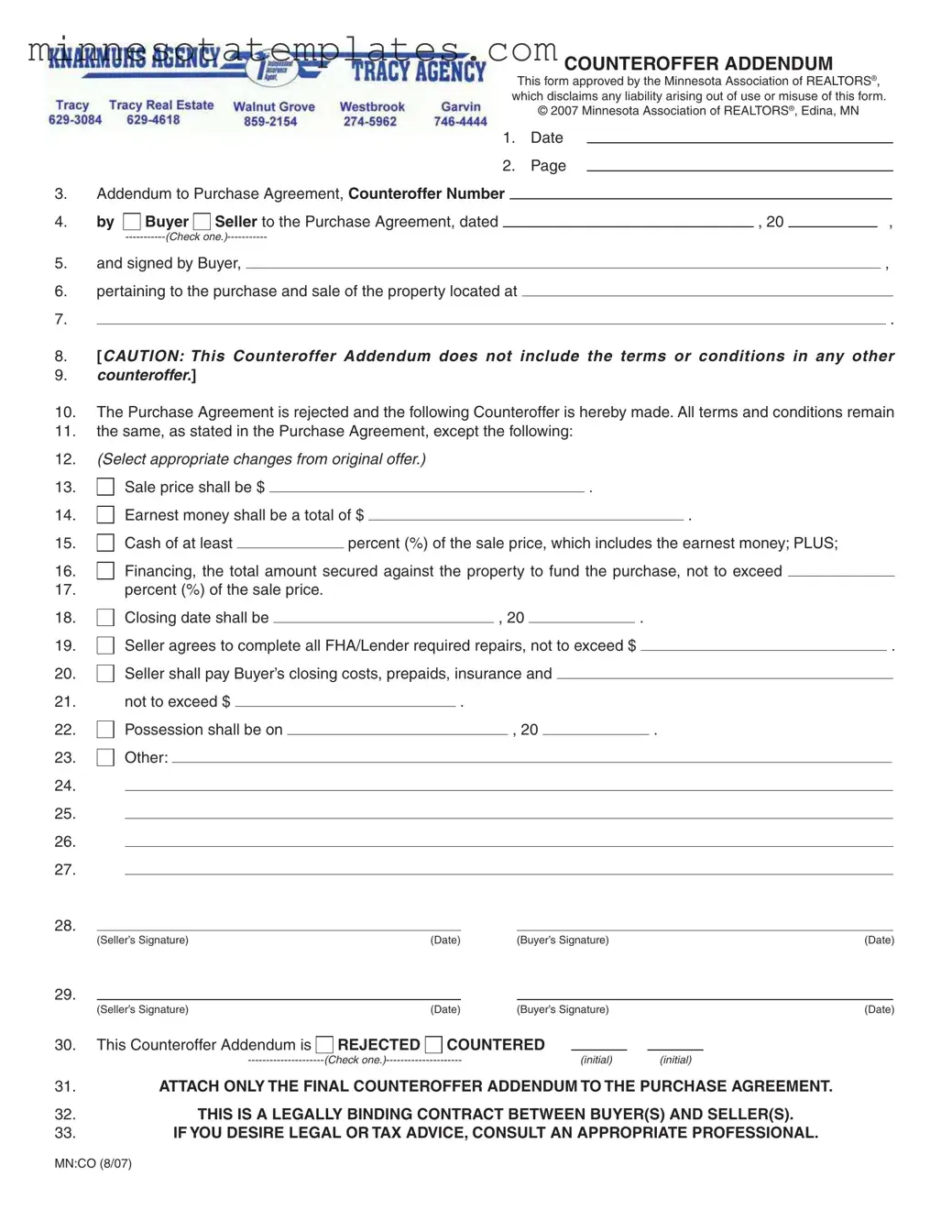 Blank Counter Offer Addendum Minnesota Template
