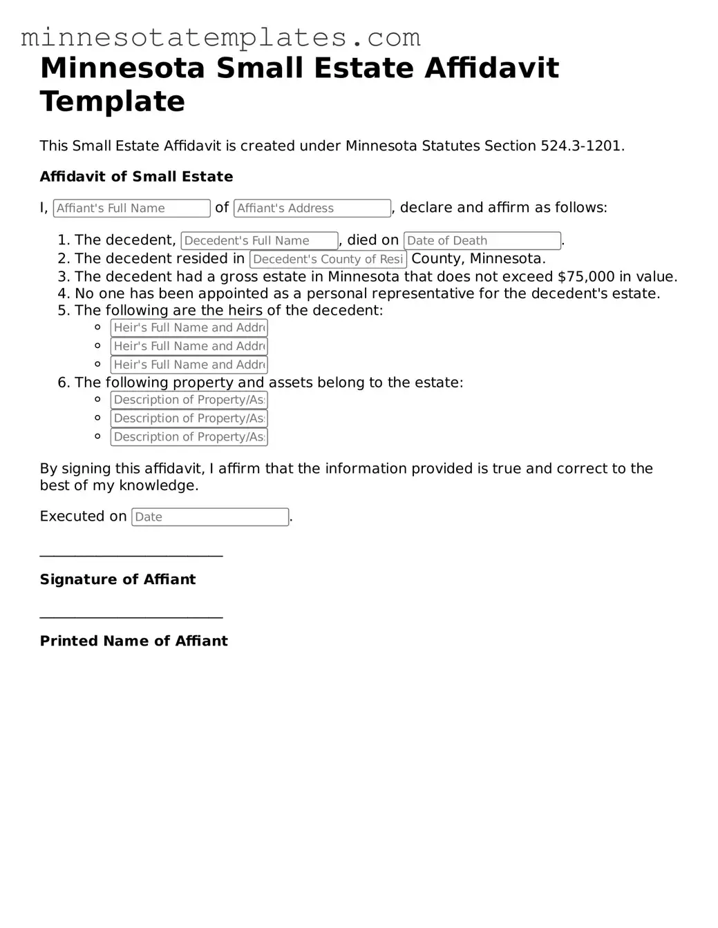 Valid Small Estate Affidavit Form for the State of Minnesota