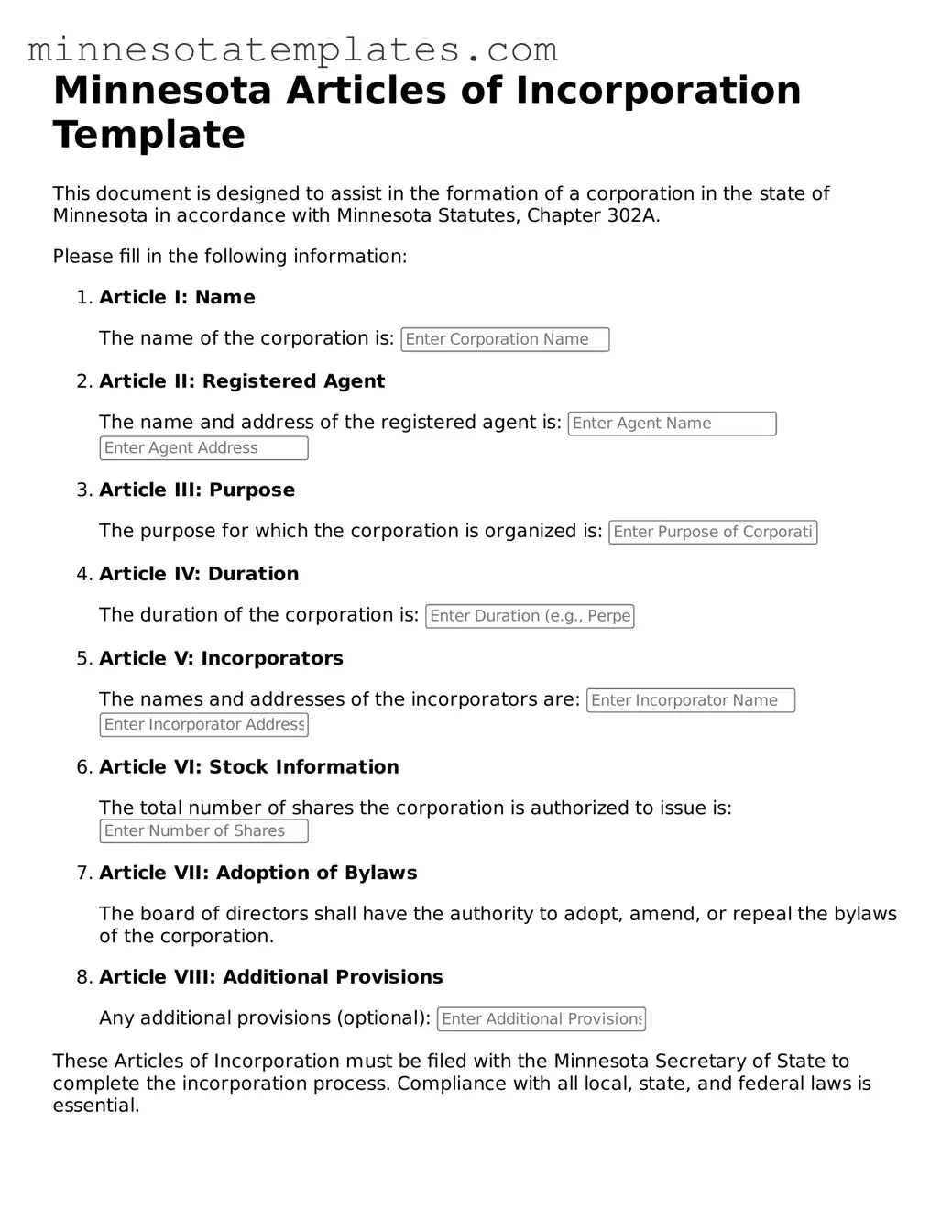 Valid Articles of Incorporation Form for the State of Minnesota