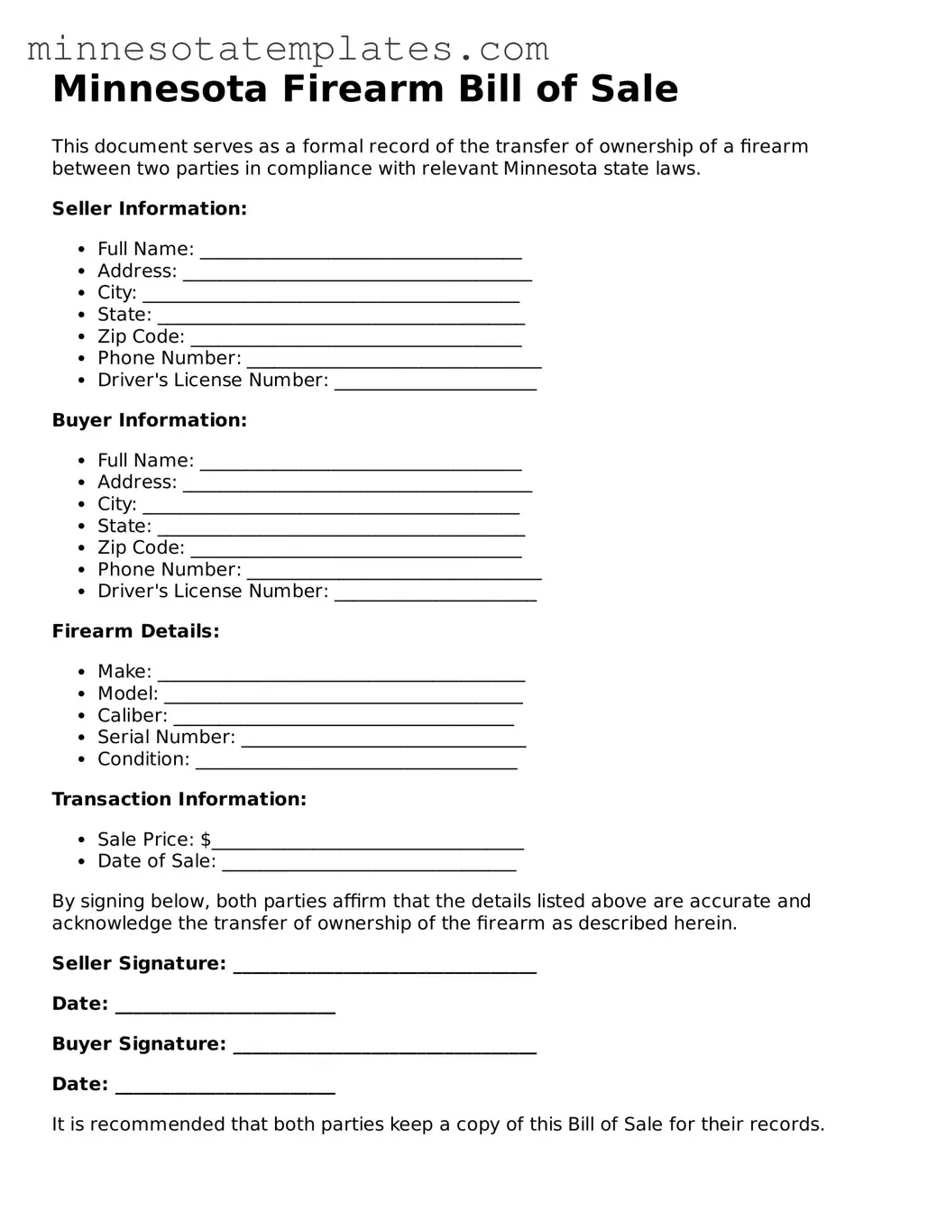 Valid Firearm Bill of Sale Form for the State of Minnesota