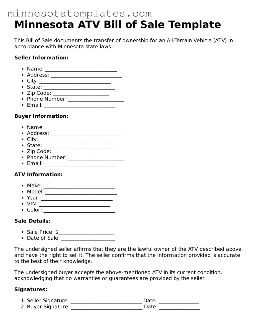 Valid ATV Bill of Sale Form for the State of Minnesota