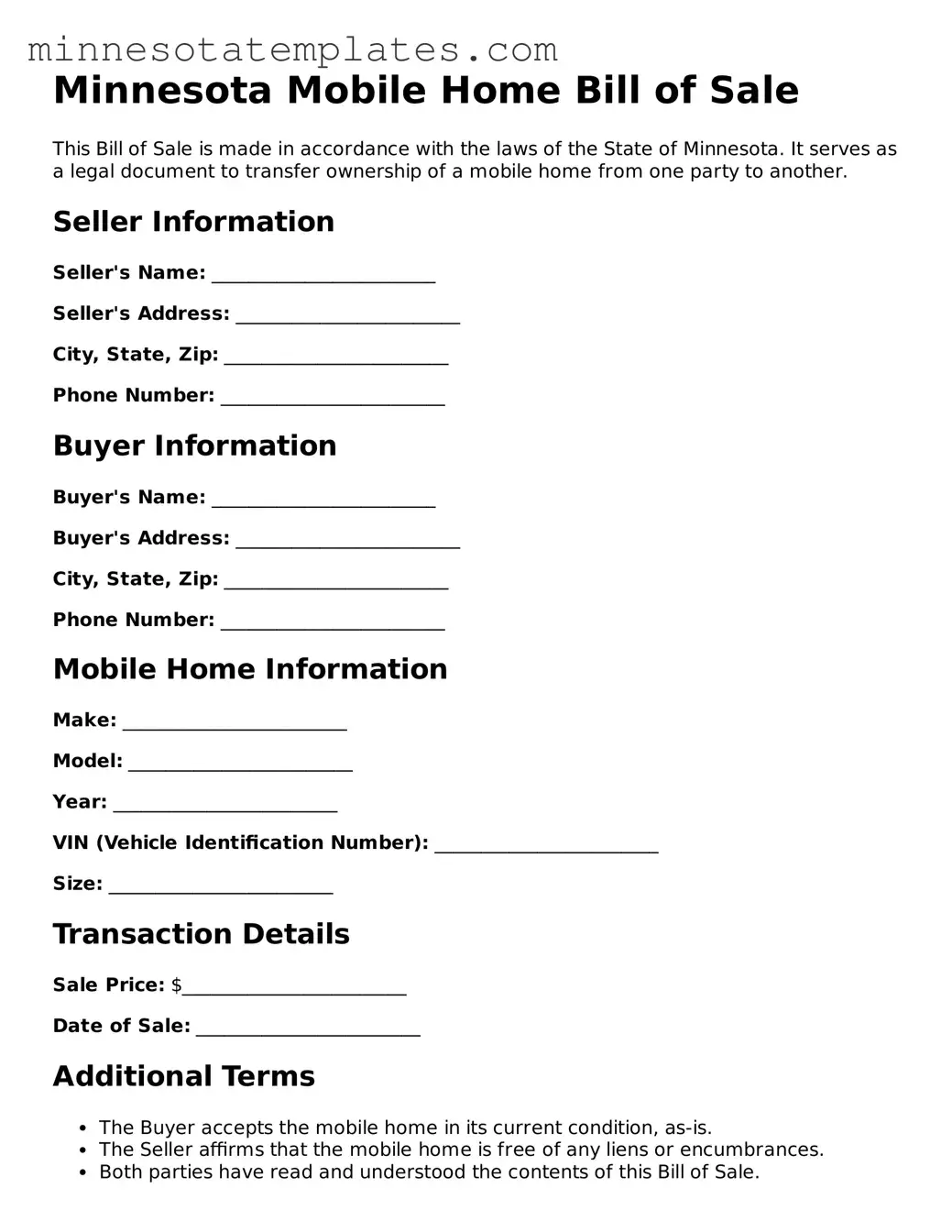 Valid Mobile Home Bill of Sale Form for the State of Minnesota