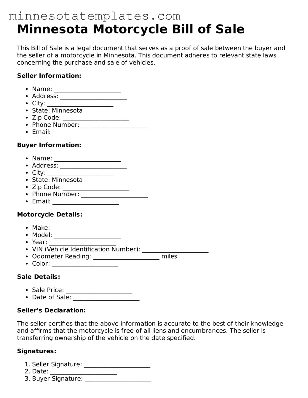Valid Motorcycle Bill of Sale Form for the State of Minnesota