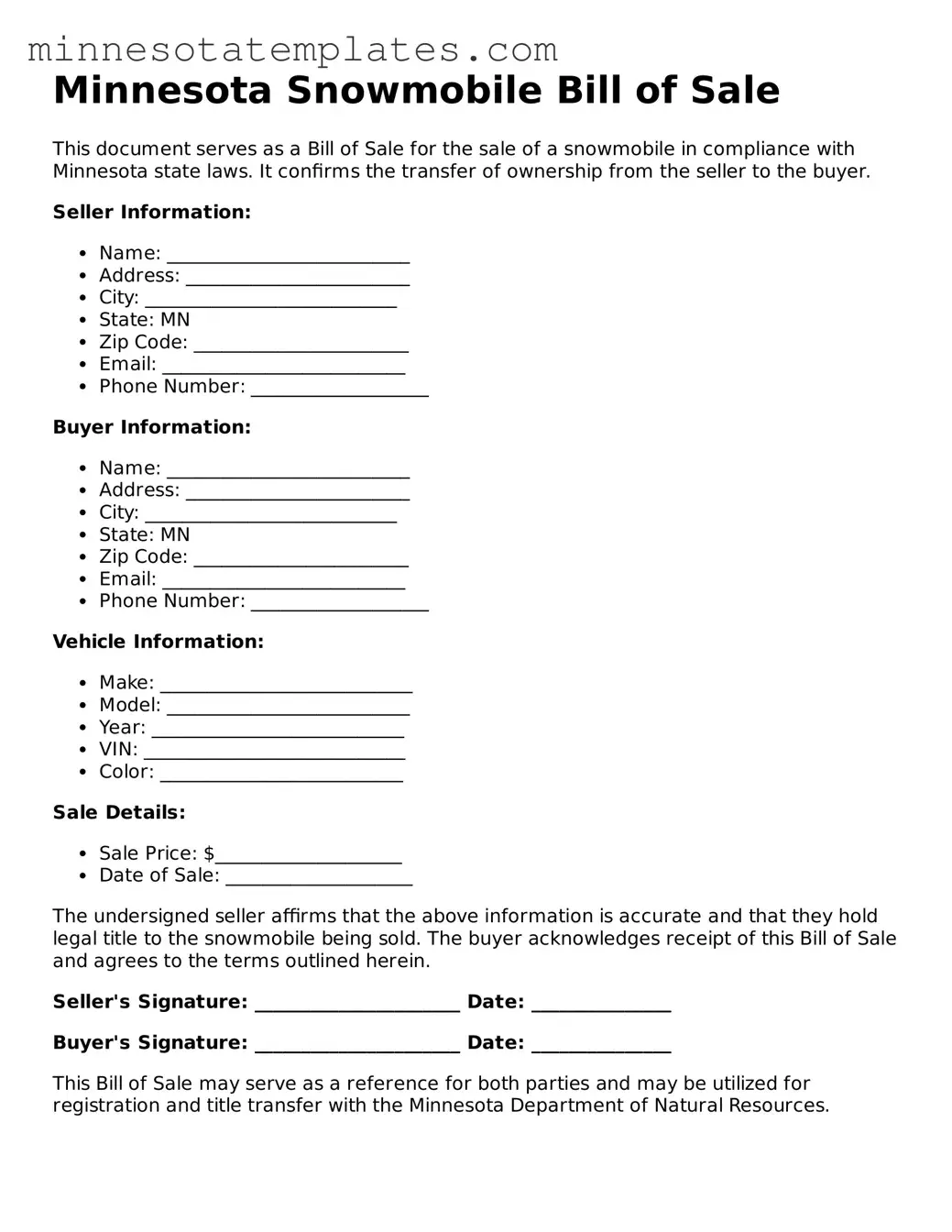 Valid Snowmobile Bill of Sale Form for the State of Minnesota