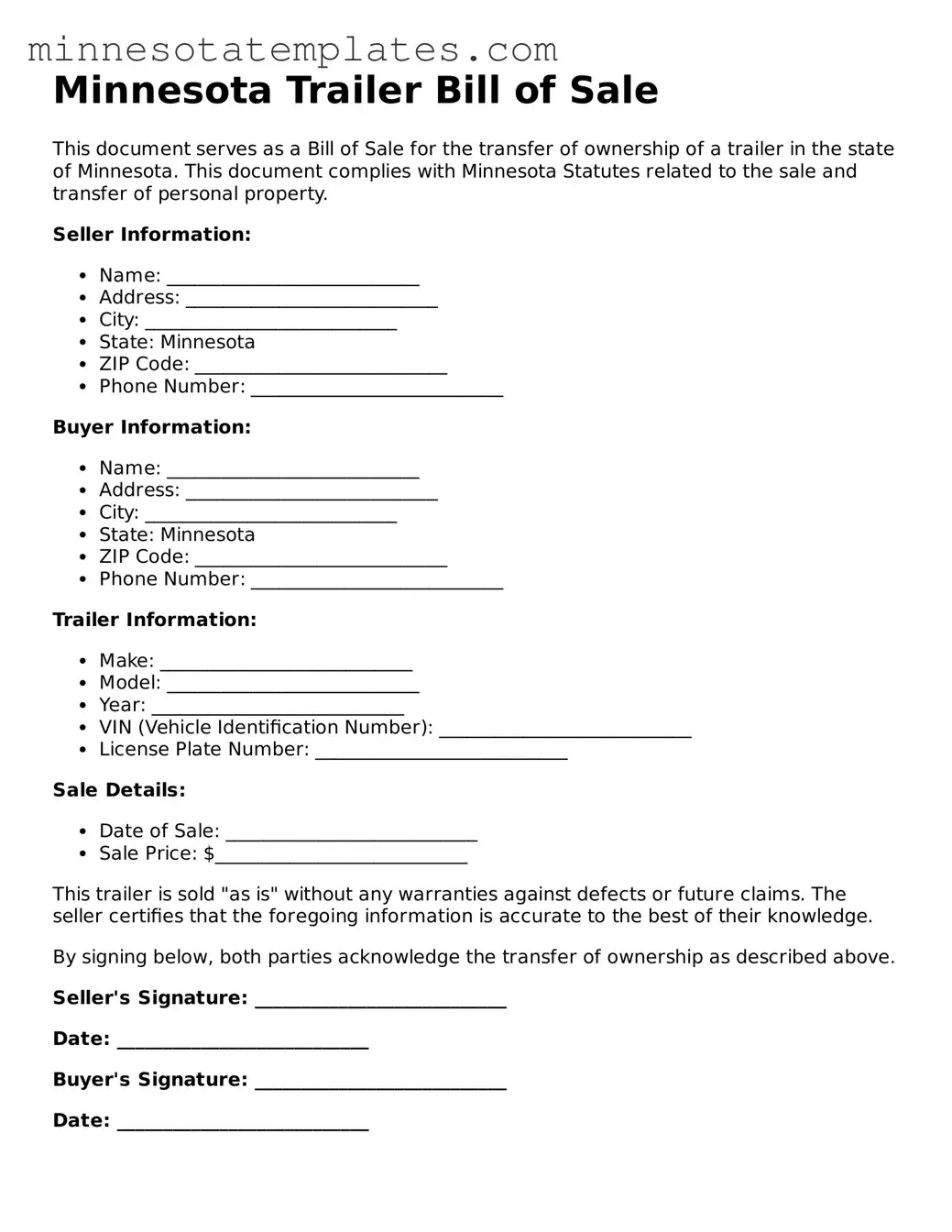 Valid Trailer Bill of Sale Form for the State of Minnesota