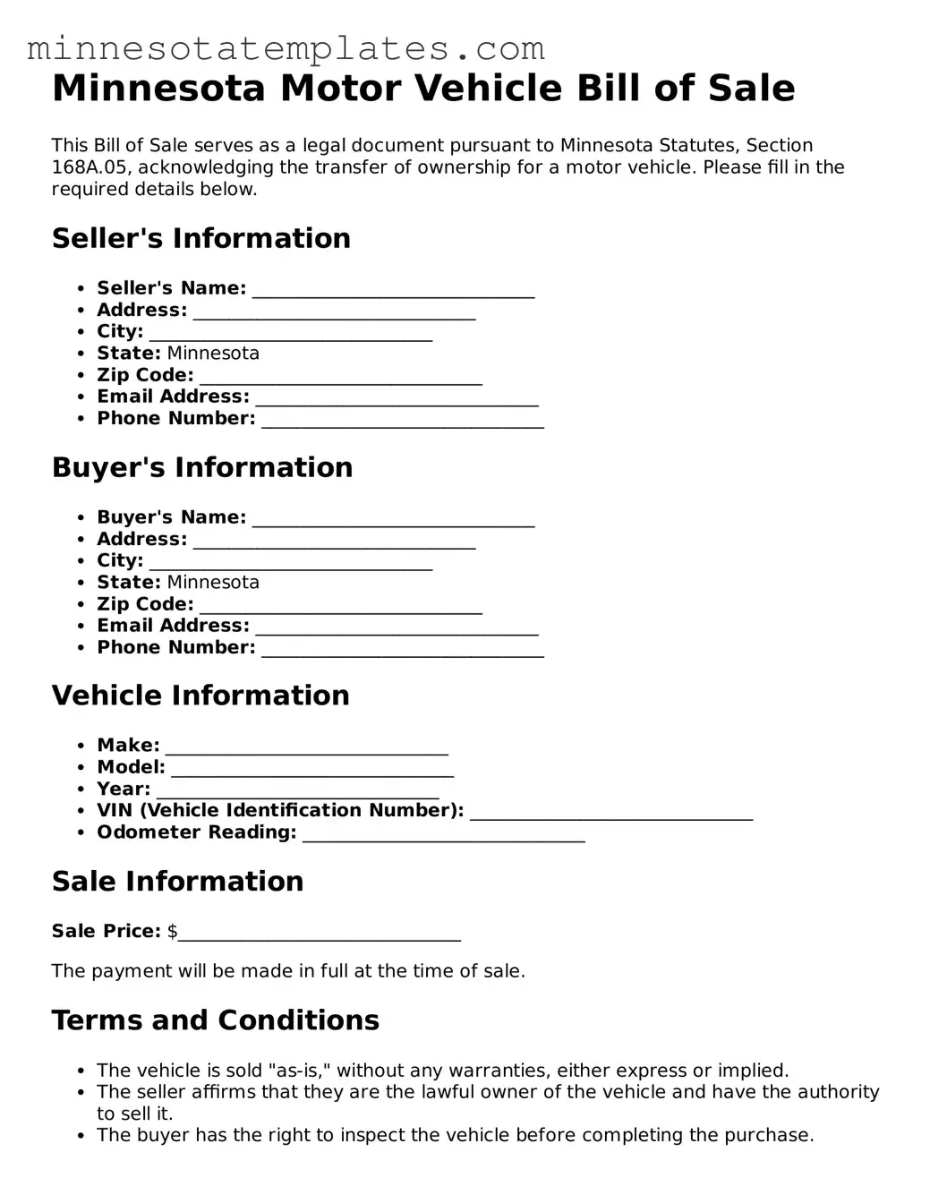 Valid Motor Vehicle Bill of Sale Form for the State of Minnesota