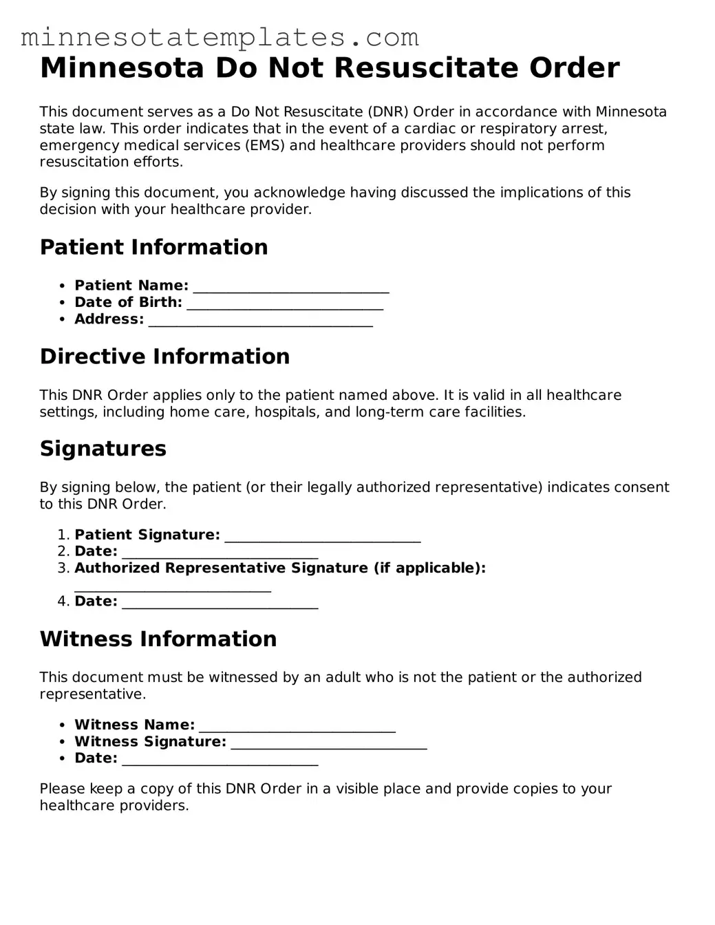 Valid Do Not Resuscitate Order Form for the State of Minnesota
