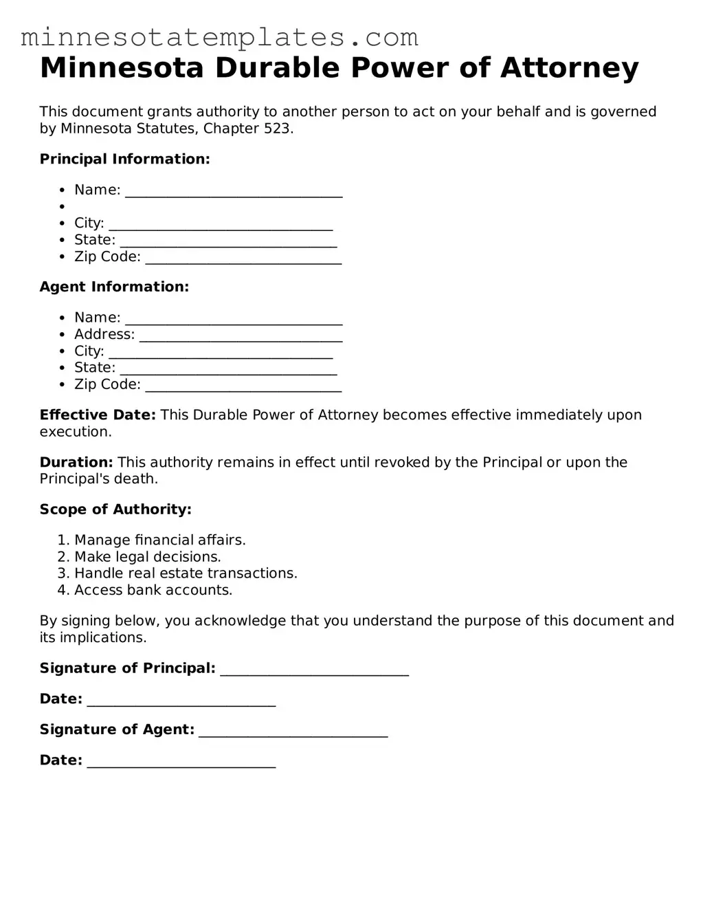 Valid Durable Power of Attorney Form for the State of Minnesota