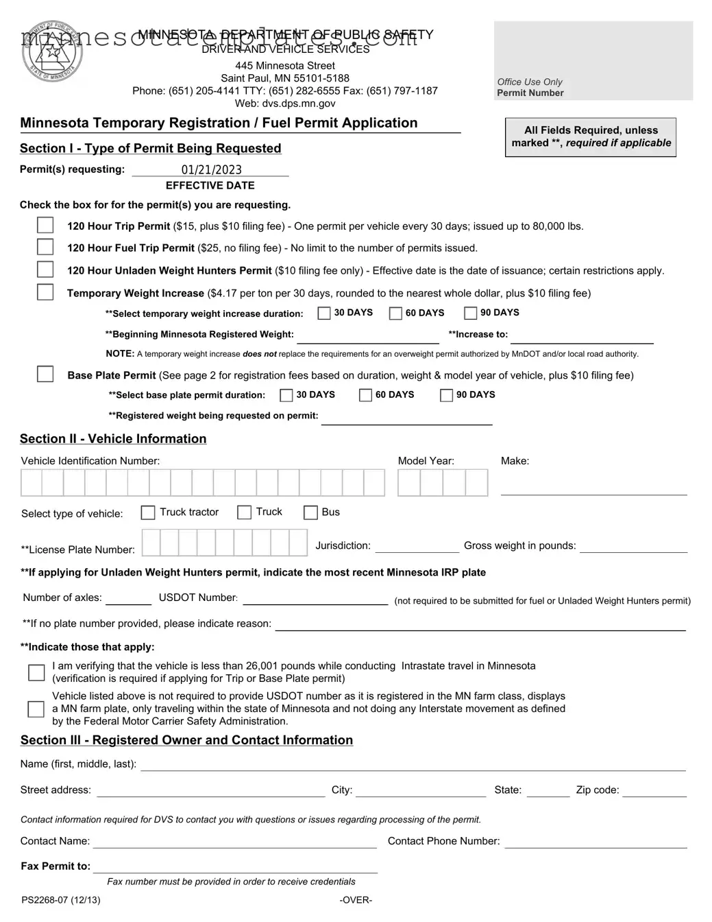 Blank Minnesota Fuel Permit Application Template