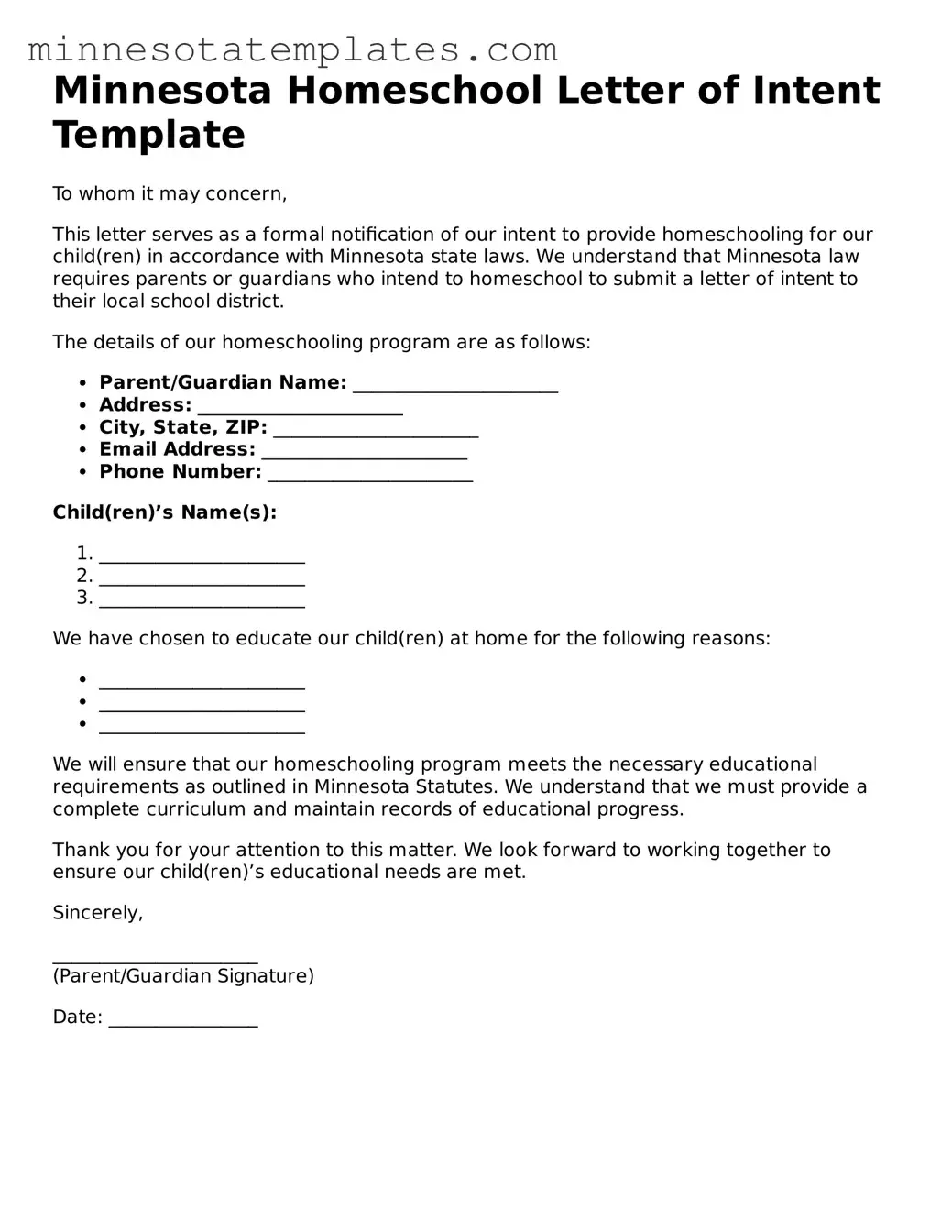 Valid Homeschool Letter of Intent Form for the State of Minnesota