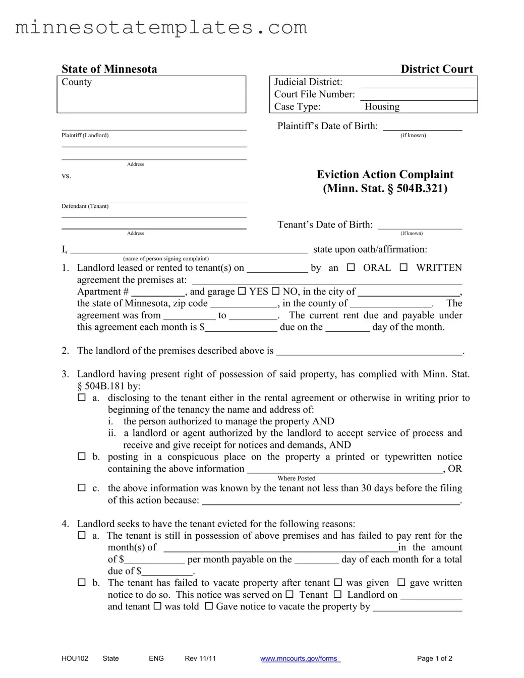 Blank Minnesota Hou102 Template