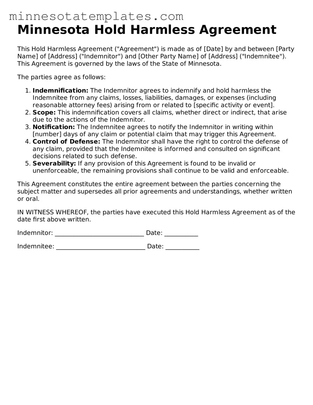 Valid Hold Harmless Agreement Form for the State of Minnesota