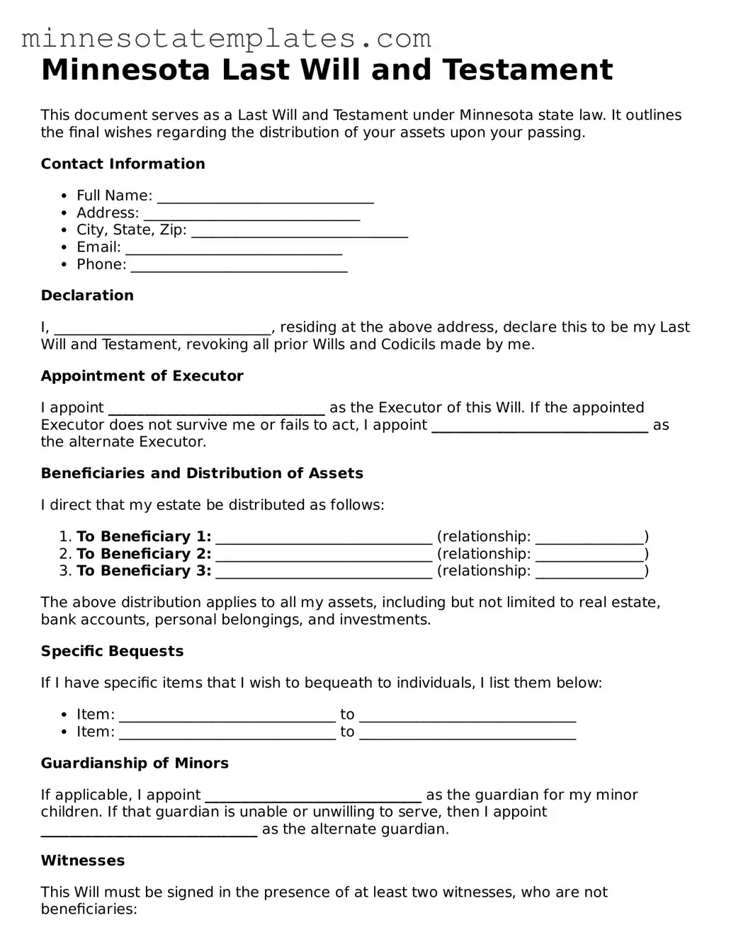 Valid Last Will and Testament Form for the State of Minnesota