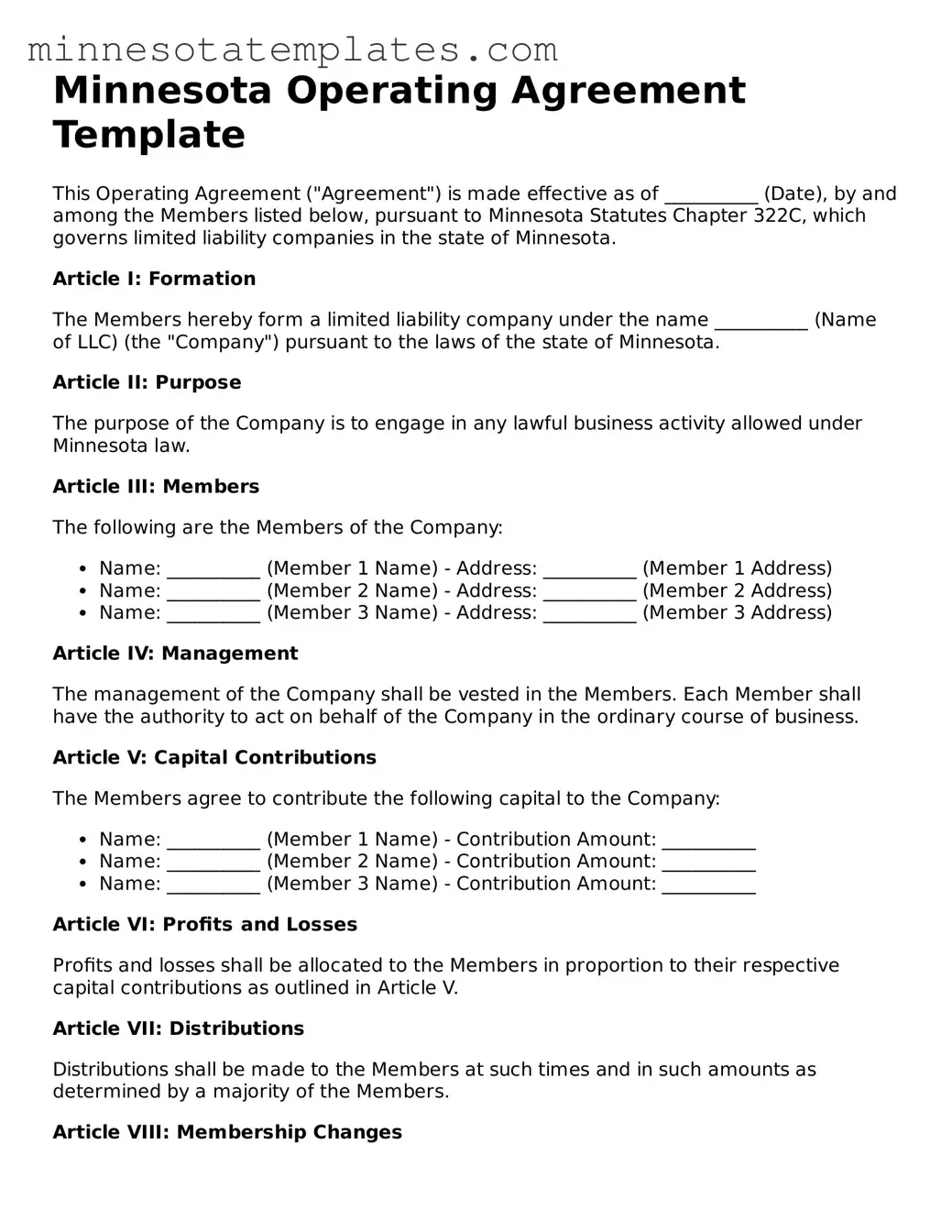 Valid Operating Agreement Form for the State of Minnesota