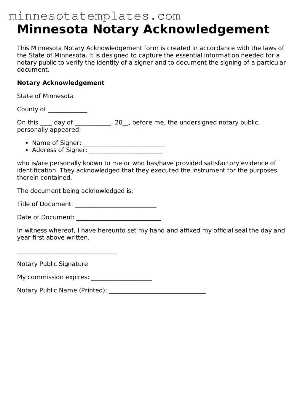 Valid Notary Acknowledgement Form for the State of Minnesota