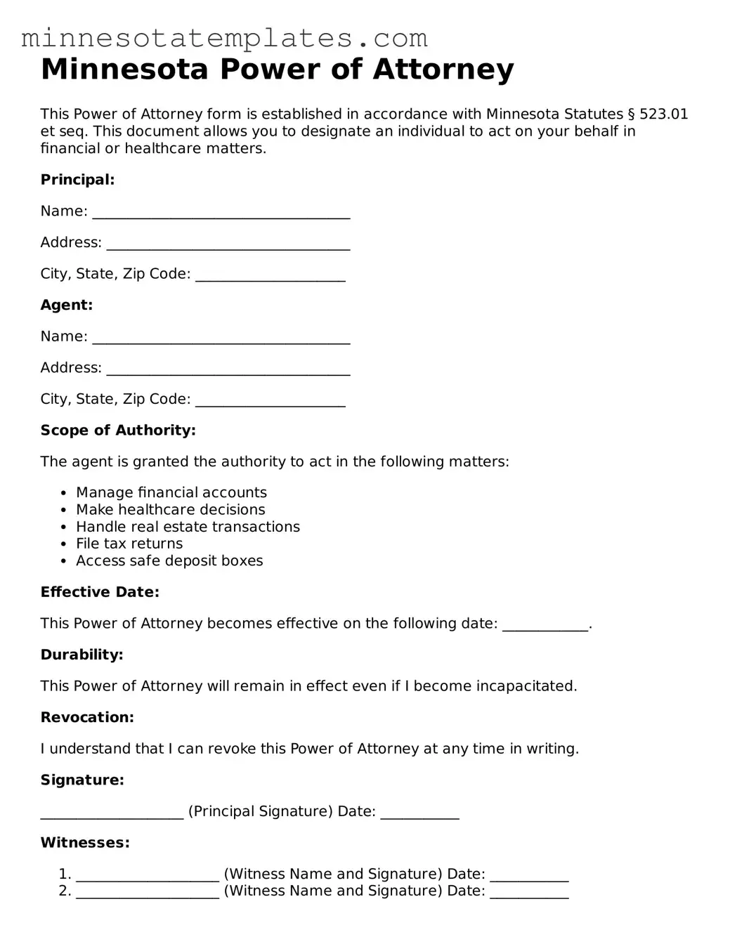 Valid Power of Attorney Form for the State of Minnesota