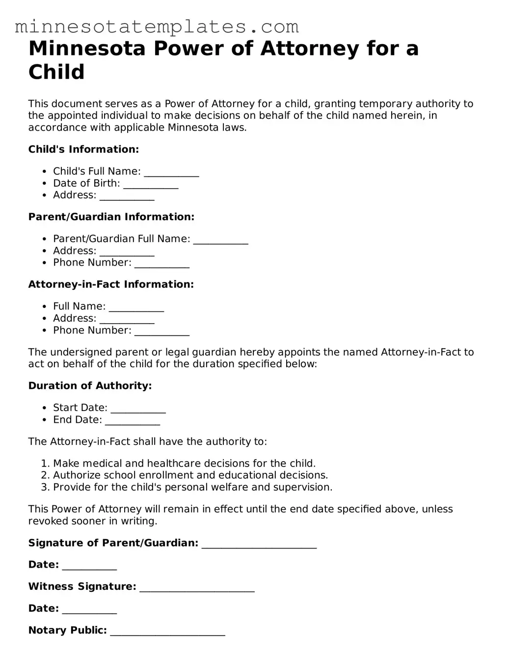 Valid Power of Attorney for a Child Form for the State of Minnesota