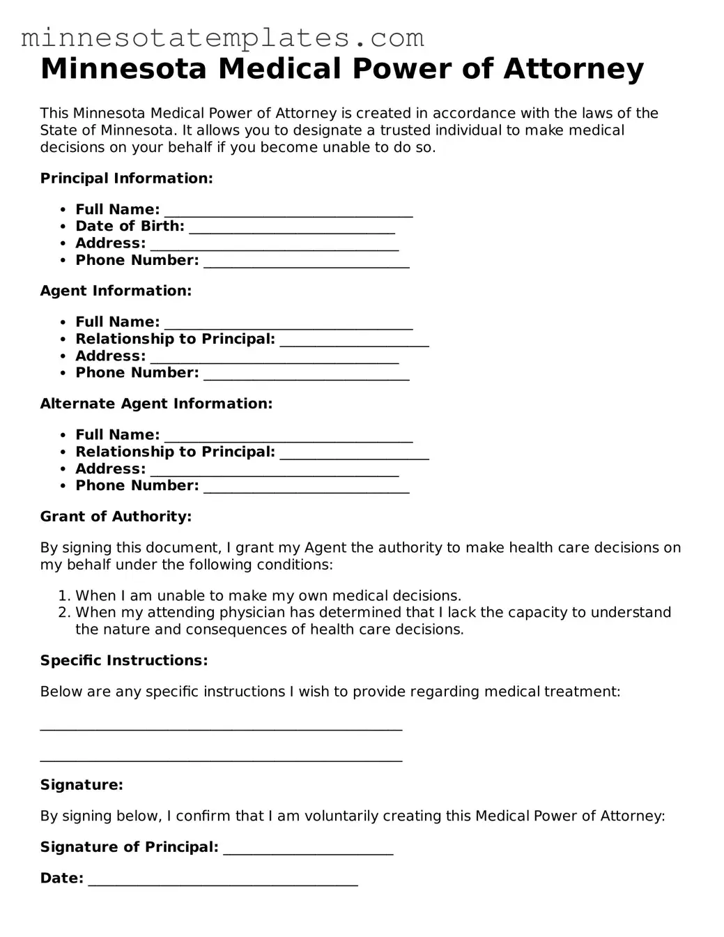 Valid Medical Power of Attorney Form for the State of Minnesota