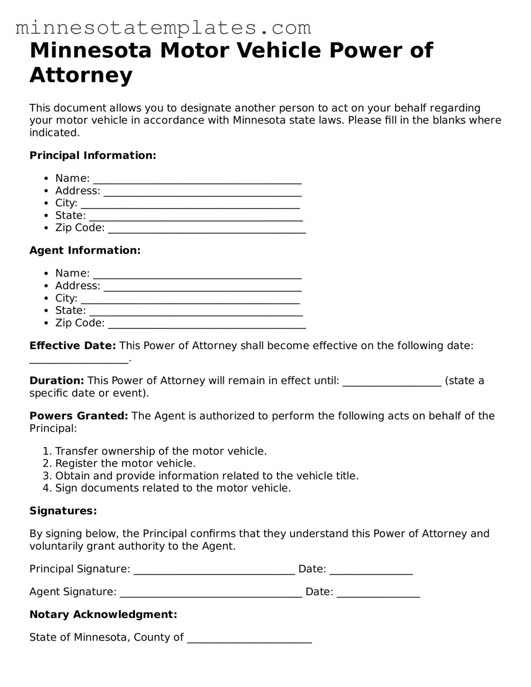 Valid Motor Vehicle Power of Attorney Form for the State of Minnesota