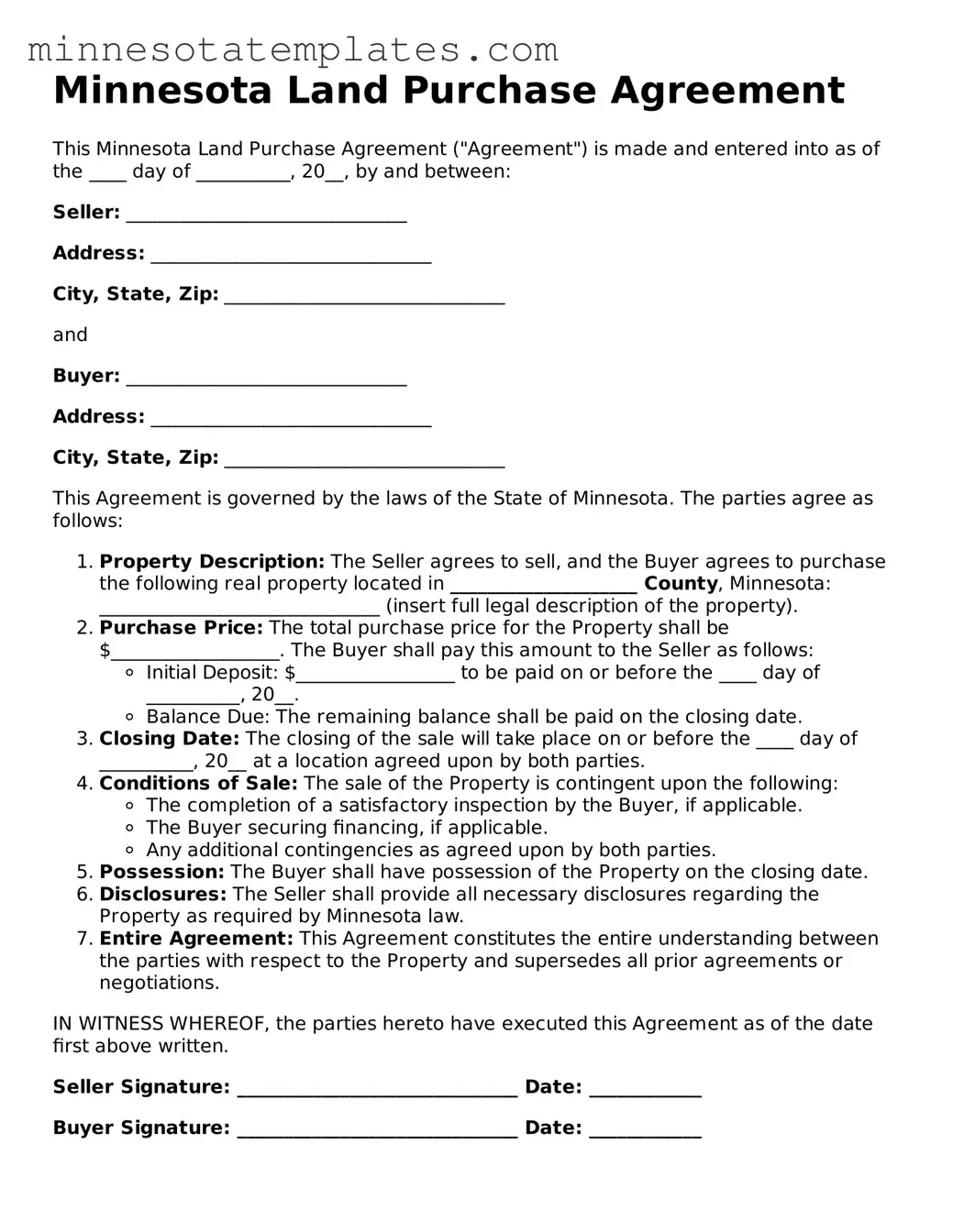 Valid Land Purchase Agreement Form for the State of Minnesota