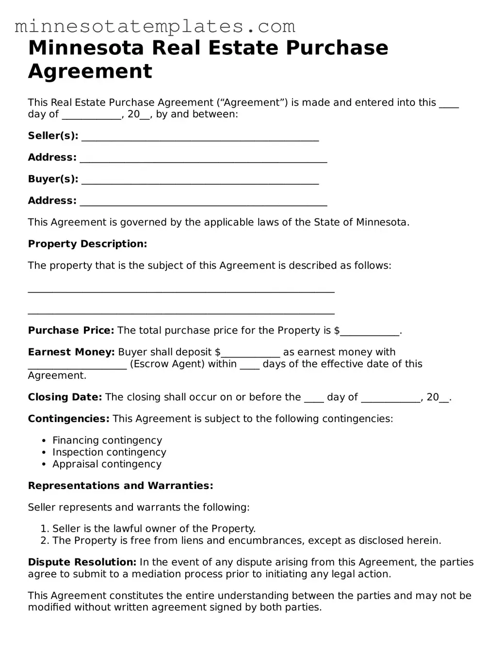 Valid Real Estate Purchase Agreement Form for the State of Minnesota
