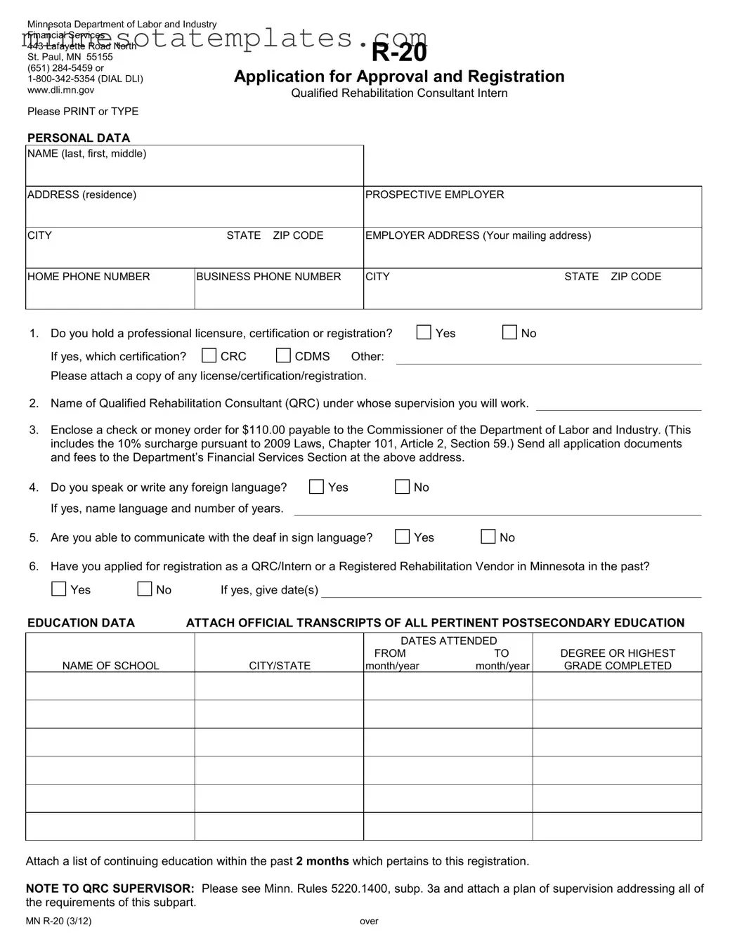 Blank Minnesota R 20 Template