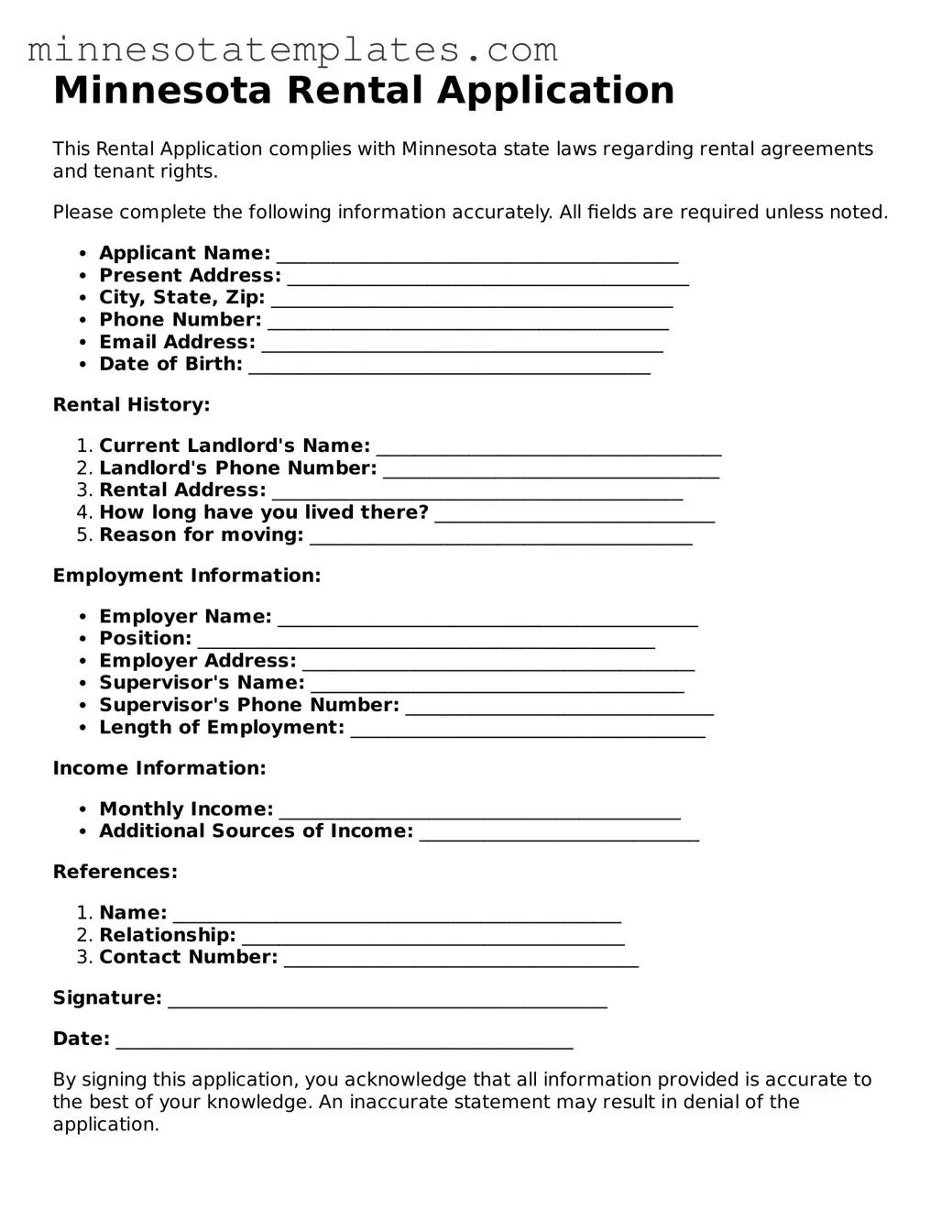 Valid Rental Application Form for the State of Minnesota