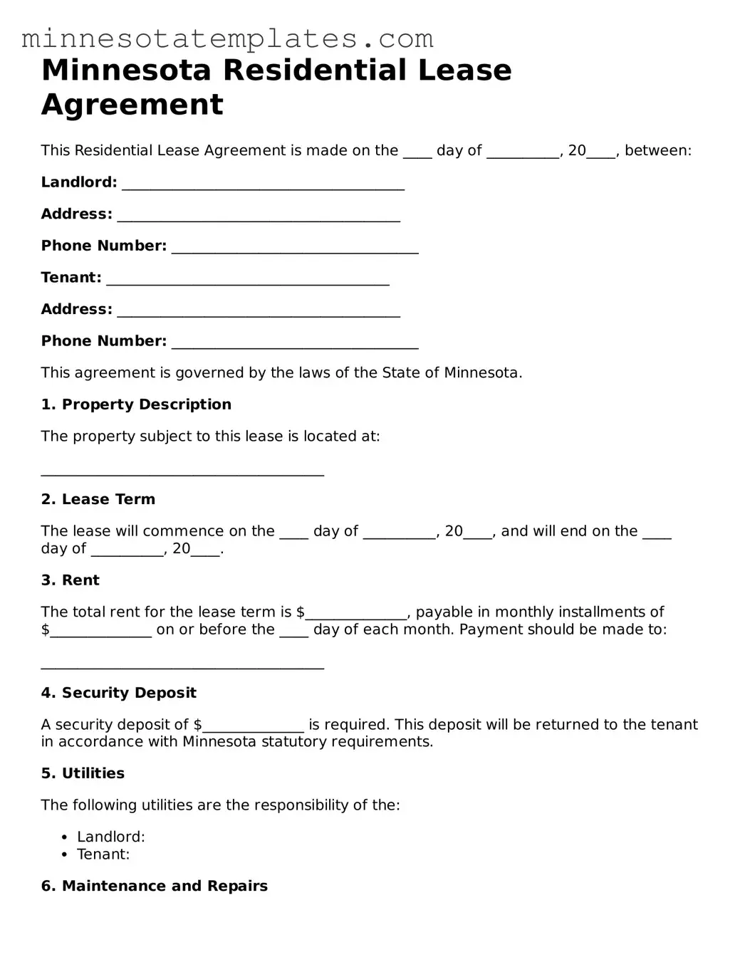 Valid Residential Lease Agreement Form for the State of Minnesota