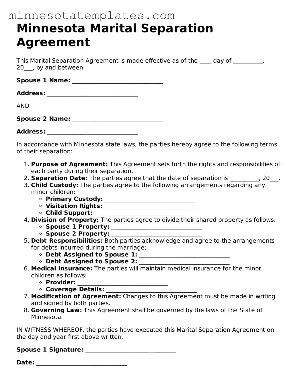 Valid Marital Separation Agreement Form for the State of Minnesota