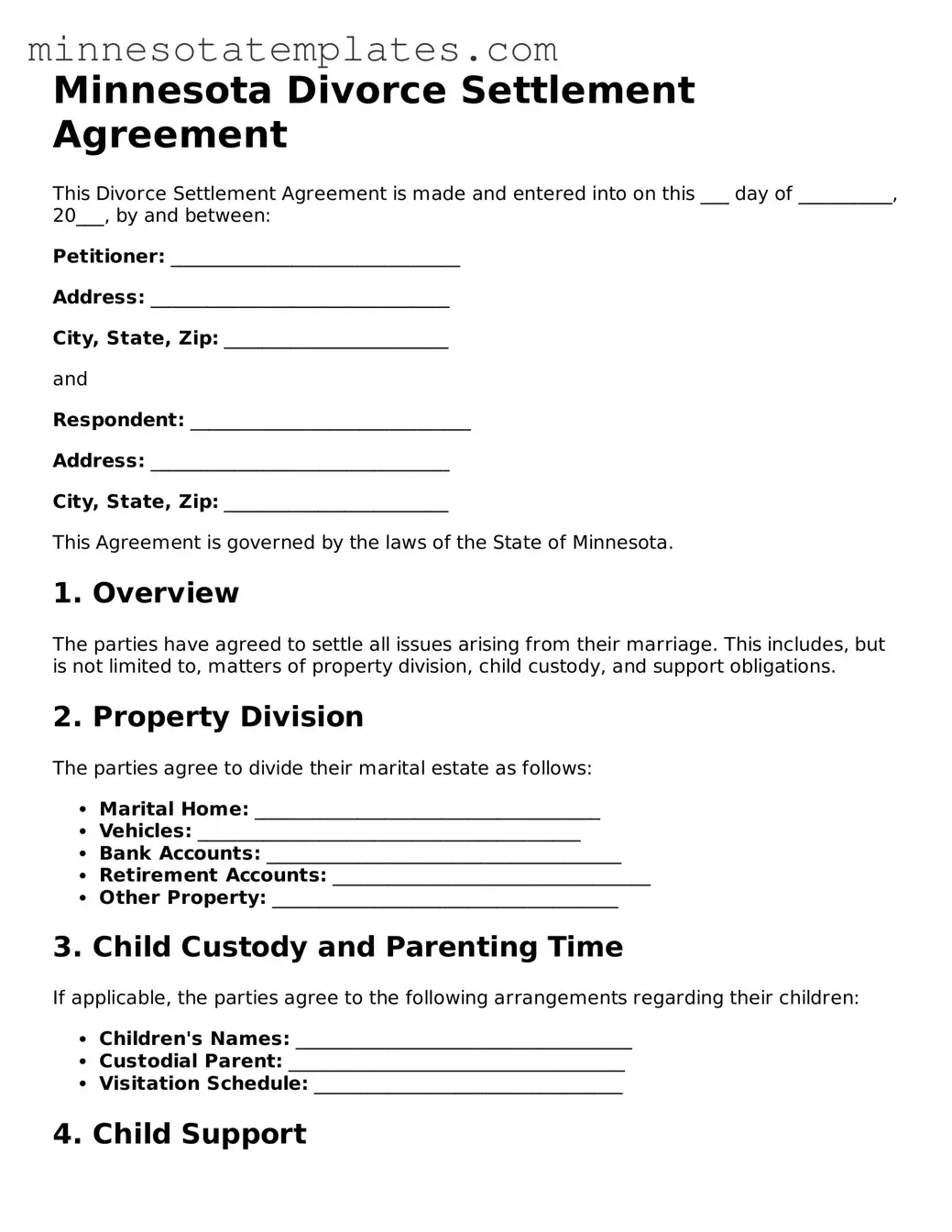 Valid Divorce Settlement Agreement Form for the State of Minnesota