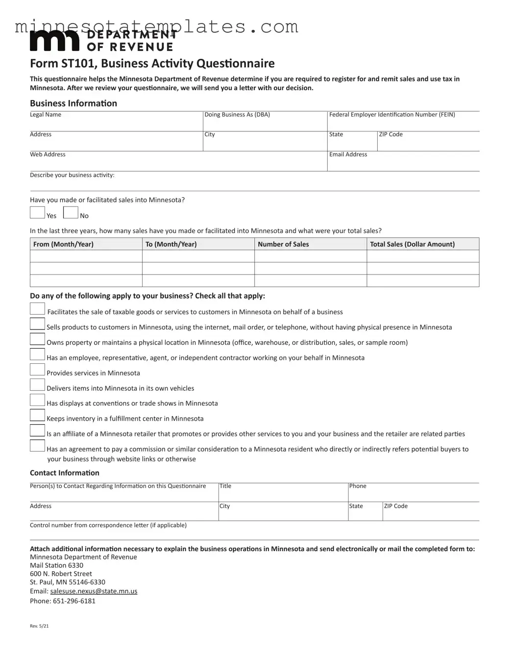 Blank Minnesota St101 Template