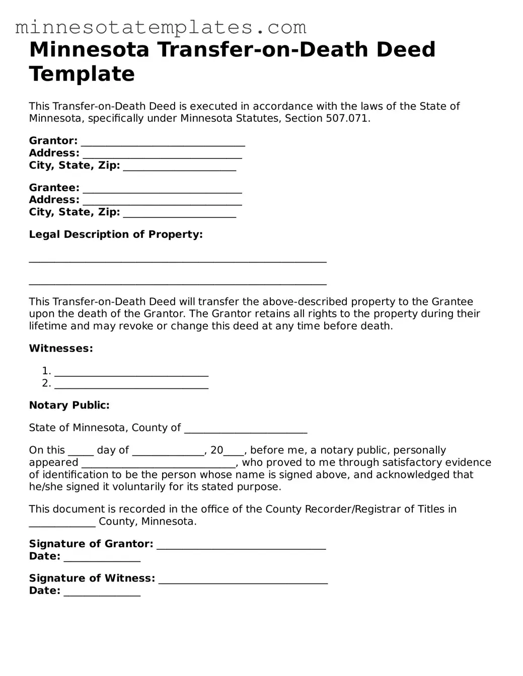 Valid Transfer-on-Death Deed Form for the State of Minnesota