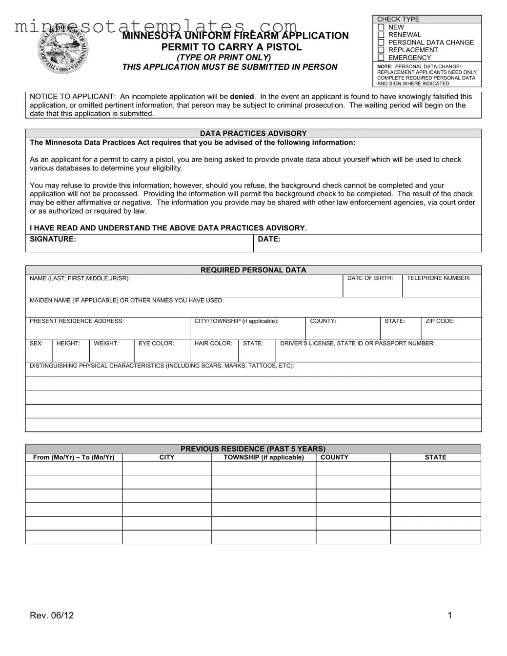 Blank Minnesota Uniform Firearm Application Template