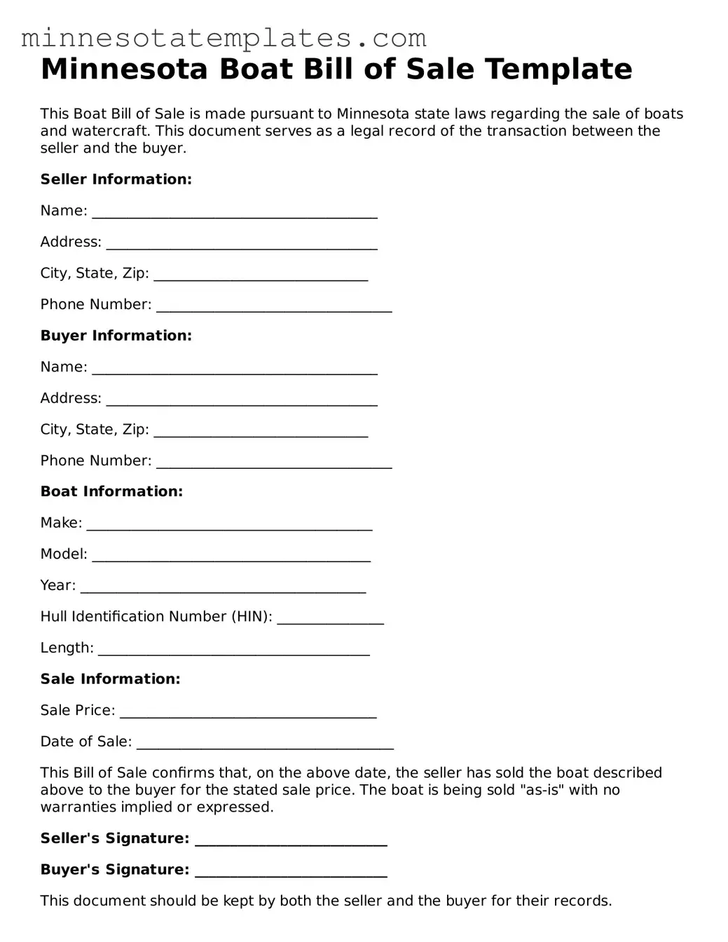 Valid Boat Bill of Sale Form for the State of Minnesota