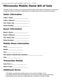 Valid Mobile Home Bill of Sale Form for the State of Minnesota