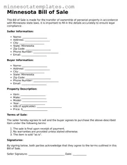Valid Bill of Sale Form for the State of Minnesota