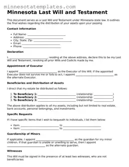 Valid Last Will and Testament Form for the State of Minnesota