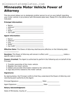 Valid Motor Vehicle Power of Attorney Form for the State of Minnesota